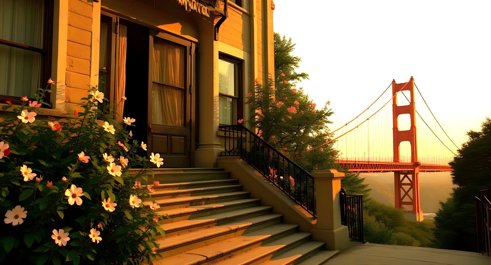 San Francisco Street at Golden Hour with Golden Gate View