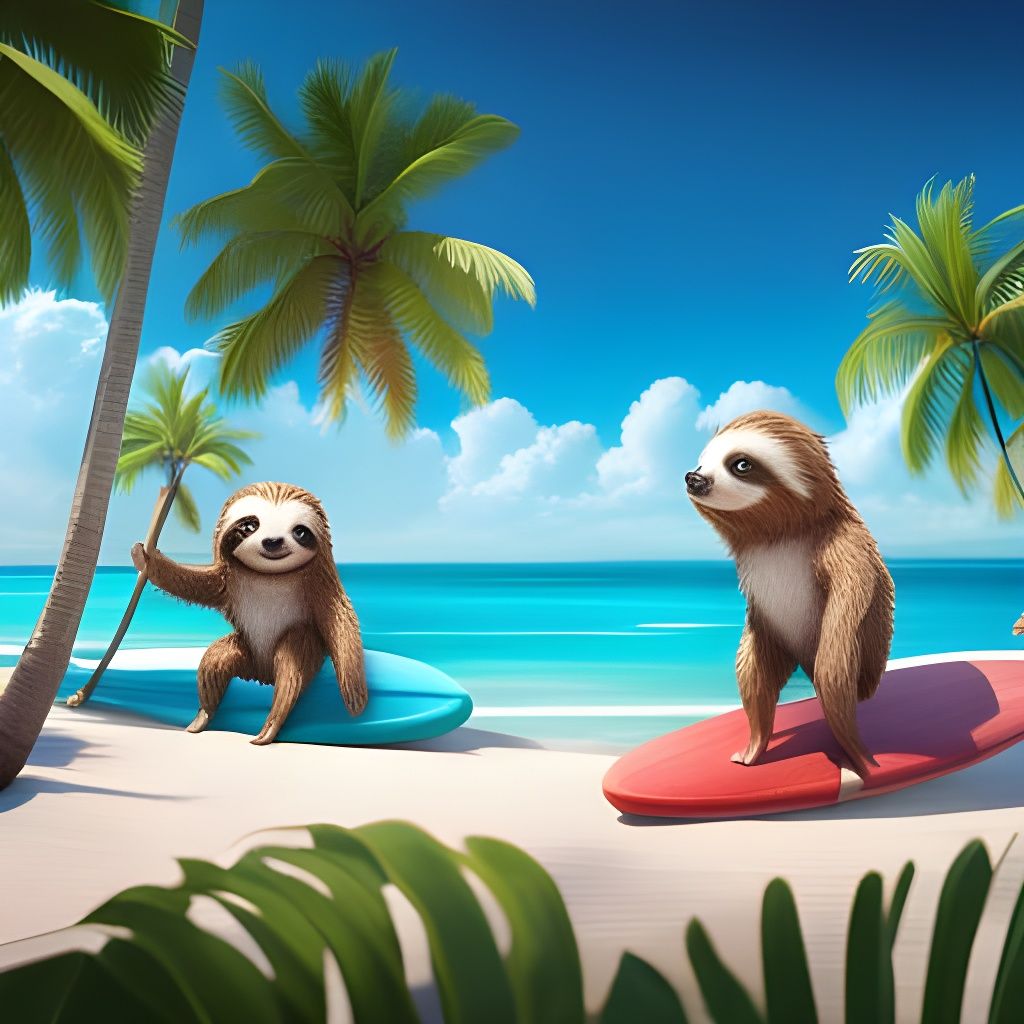 Cute Sloths Surfing on Hawaiian Beach in 3D