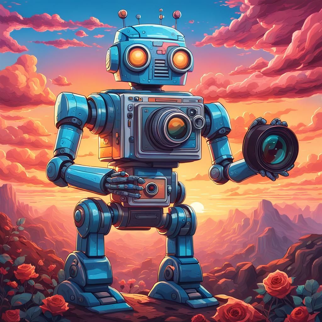 Robot Photographer at Sunrise: Futuristic Concept Art