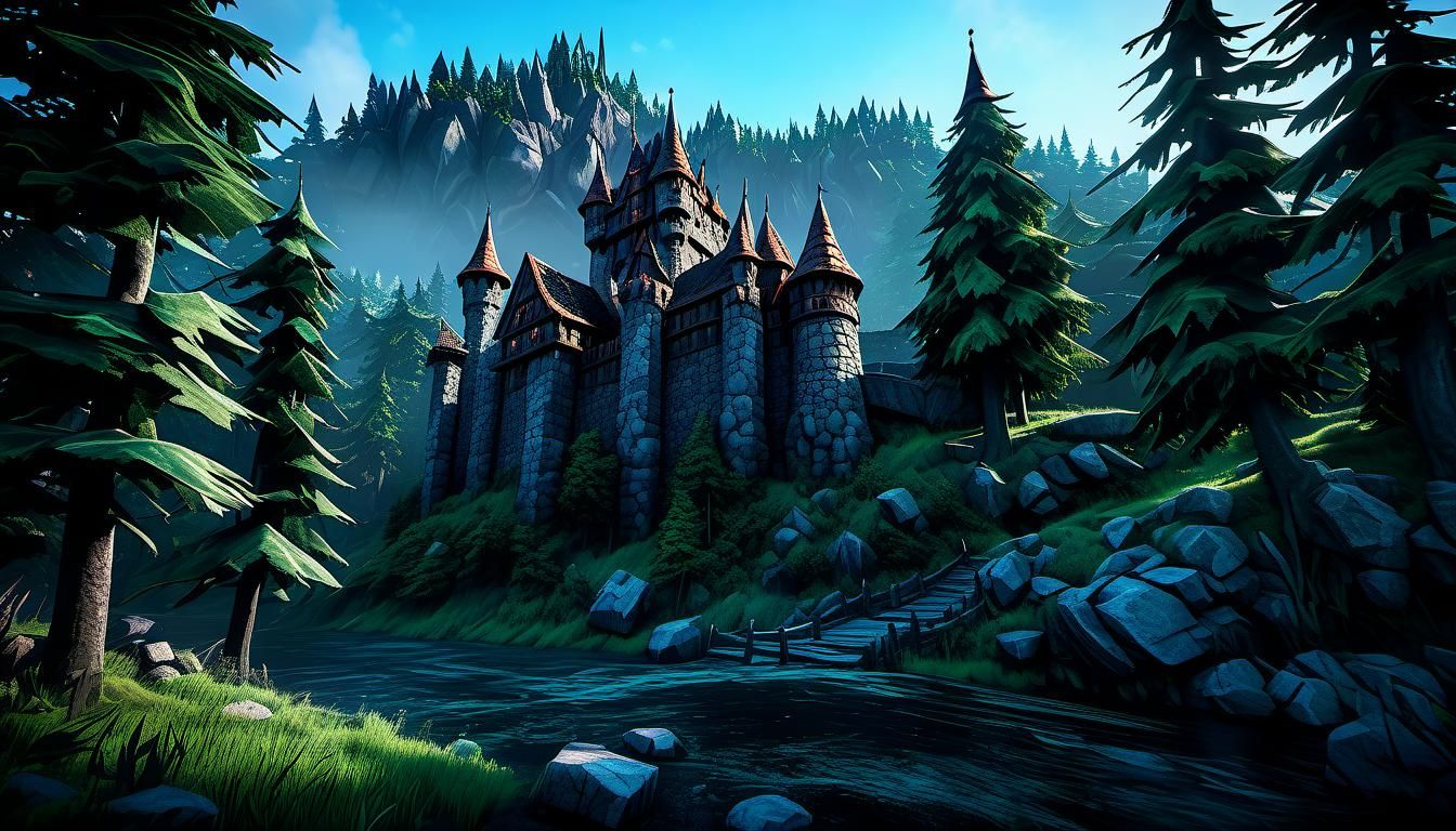 Medieval castle in the Valheim game in black forest biome
