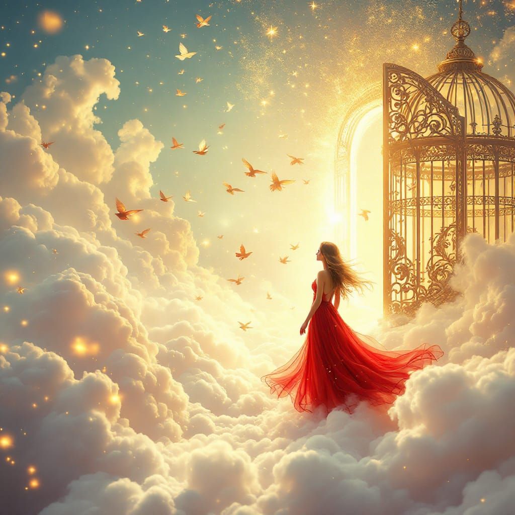 Surreal Fantasy: Woman on Clouds Approaches Open Golden Bird...