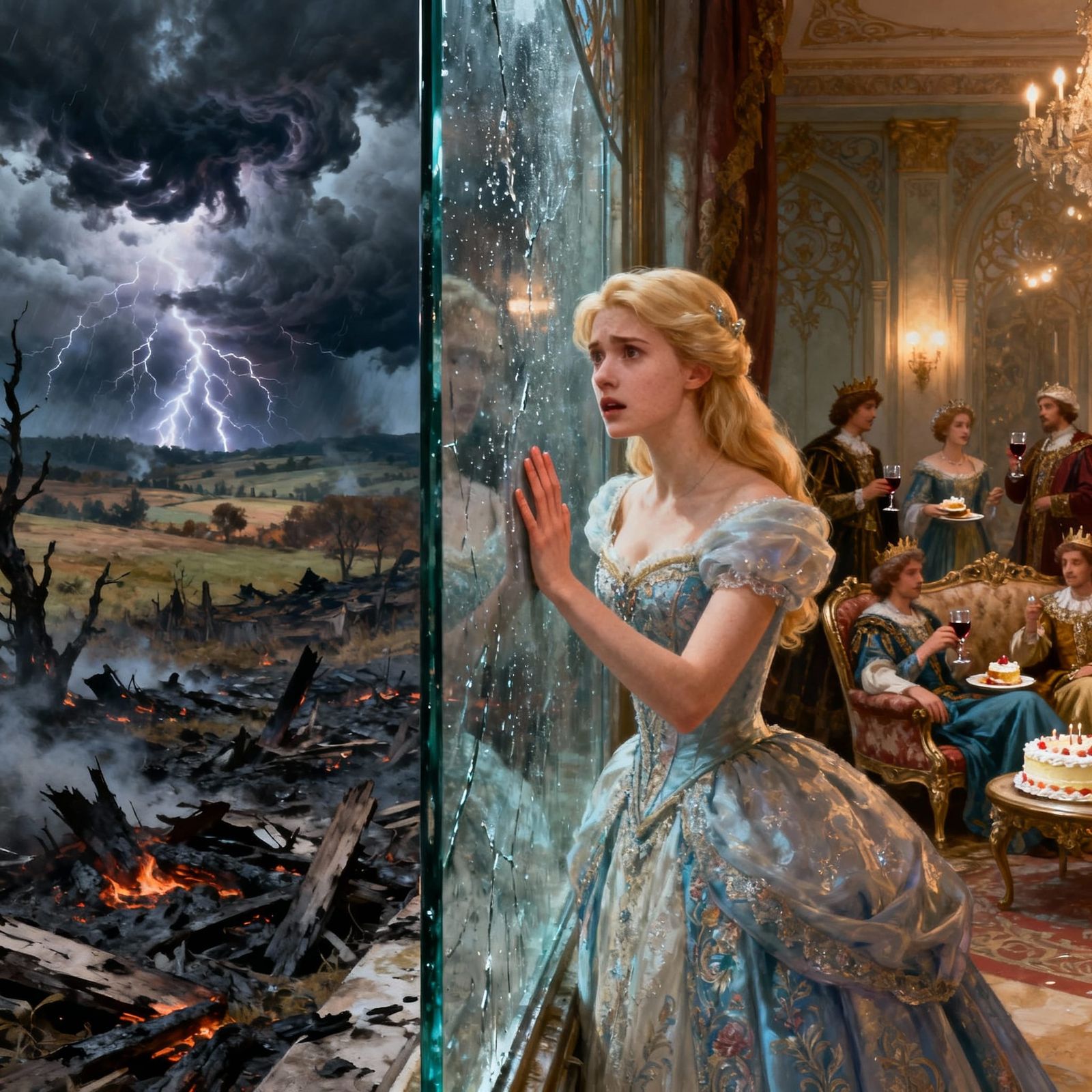 Princess Gazes Through Glass at Ruined Landscape