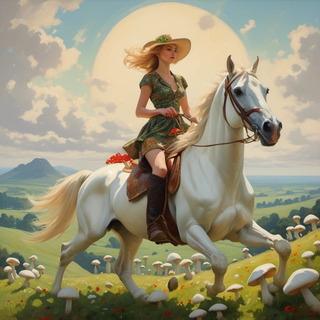 Irish Woman Rides Horse in Mushroom Fairy Ring
