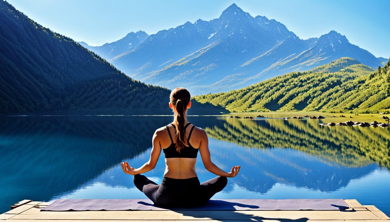 Meditating Woman at Calm Lake on Sunny Day