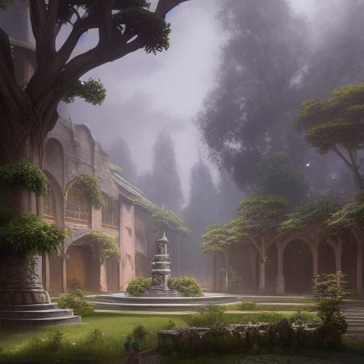 Elven City Courtyard: Fantasy Digital Anime Painting