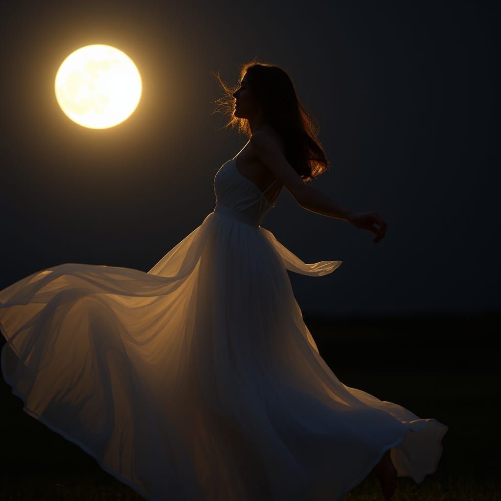 Woman Dancing Under Moon in Whimsical Style