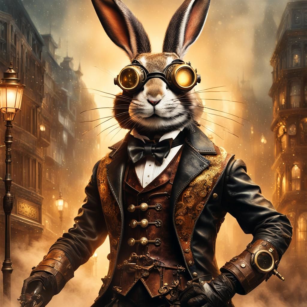 Steampunk Rabbit Leaps Through Victorian Night: Oil Painting
