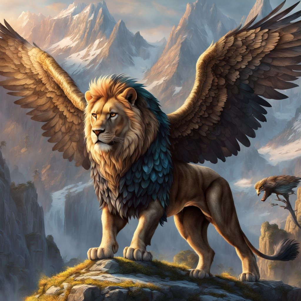 Majestic Lion Eagle Hybrid Stands Proud on Rocky Outcropping