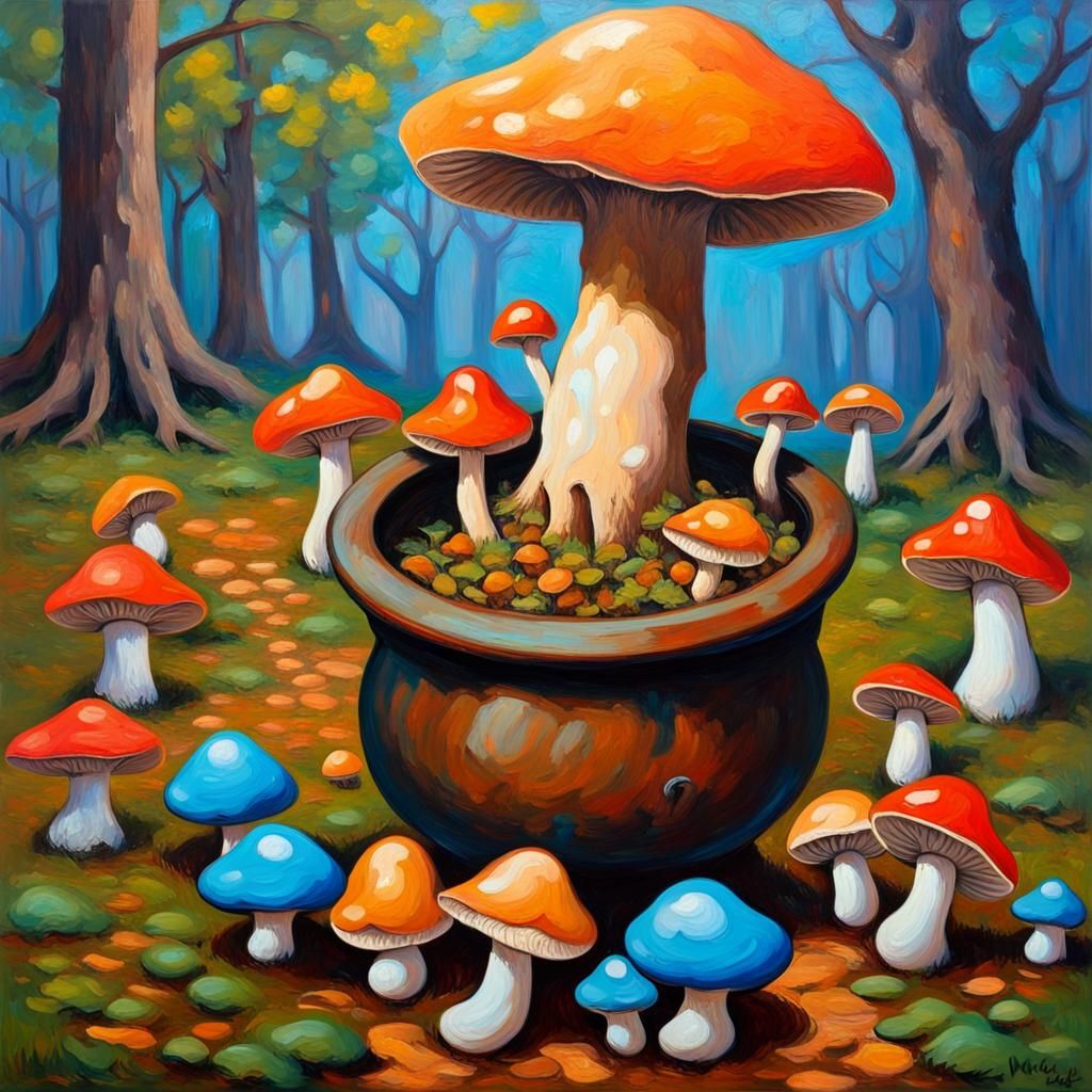 Enchanted Mushroom Grove: An Expressionist Oil Painting
