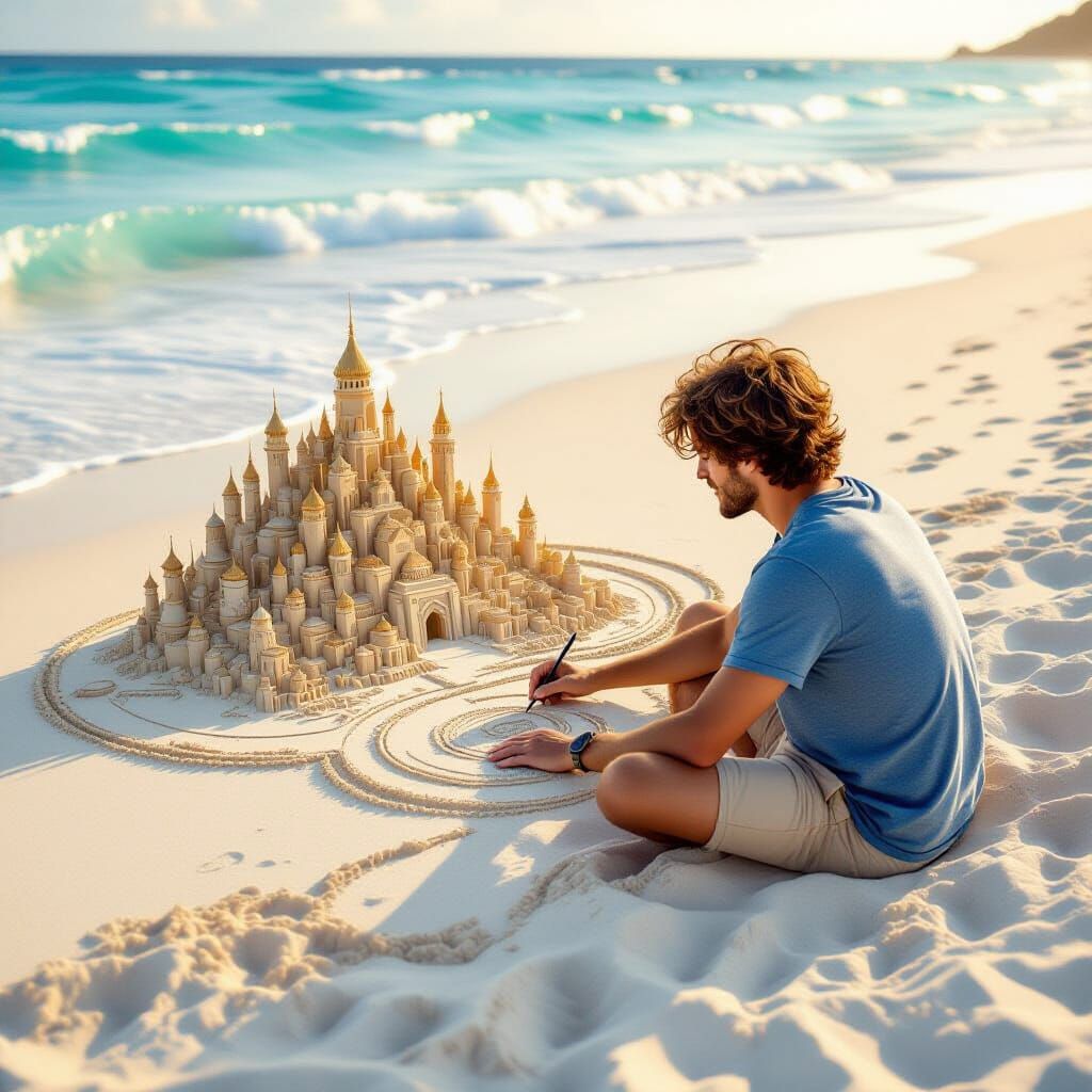 Man Draws Intricate Cityscape in Sand at Sunset