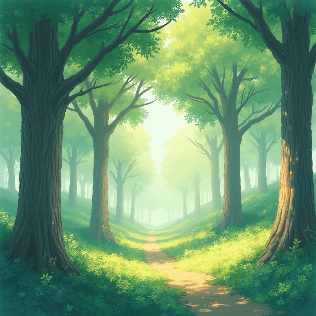 Whimsical Ghibli-Inspired Landscape with Gentle Trees and Et...