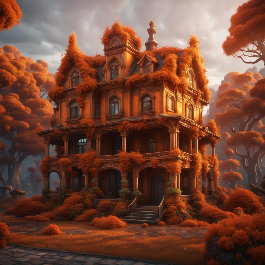 Fantastical Orange House in Detailed Matte Painting