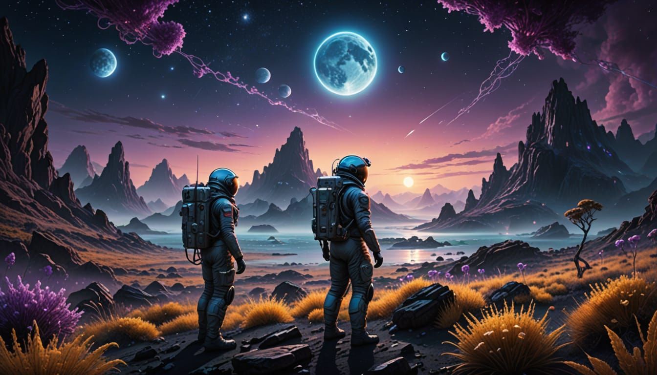 Astronaut and Bioluminescent Life on Alien Planet