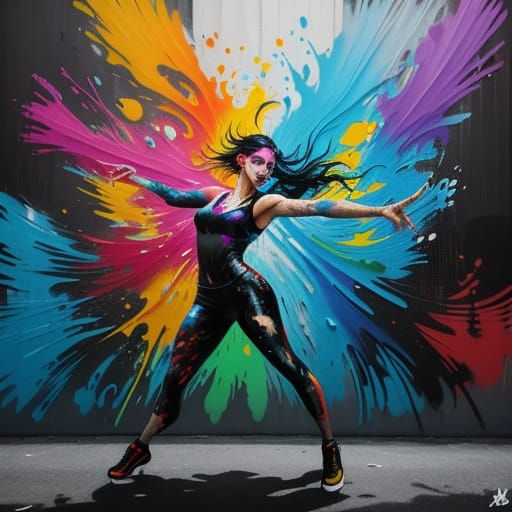 Woman Dancing in Vibrant Urban Alley Splash Art
