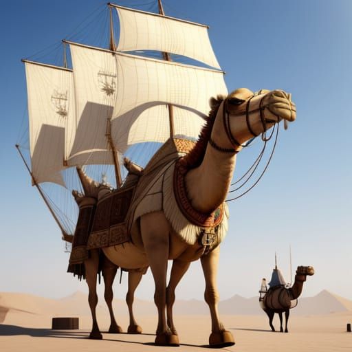 A whimsical dromedary camel carrying a large schooner on its back. 3D shading 4K
