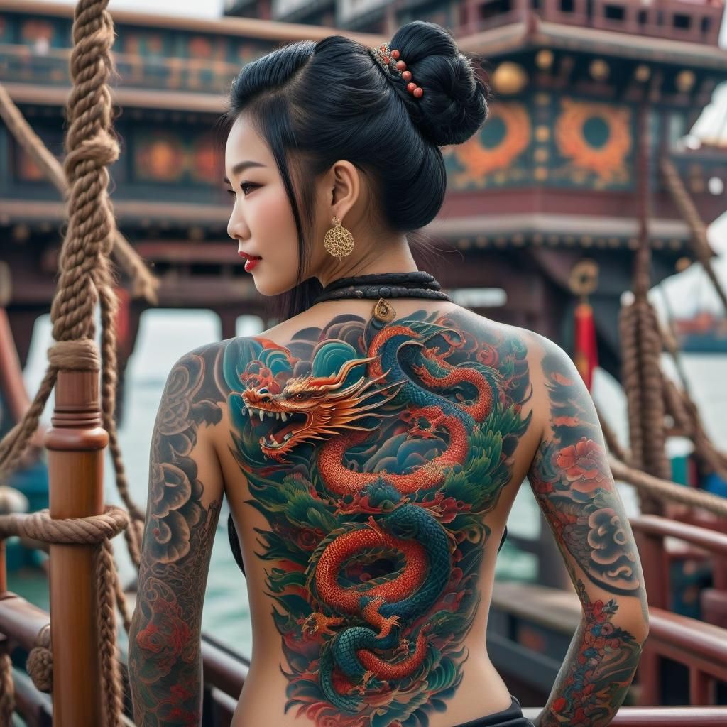 Asian Woman with Dragon Tattoo in Anime Style