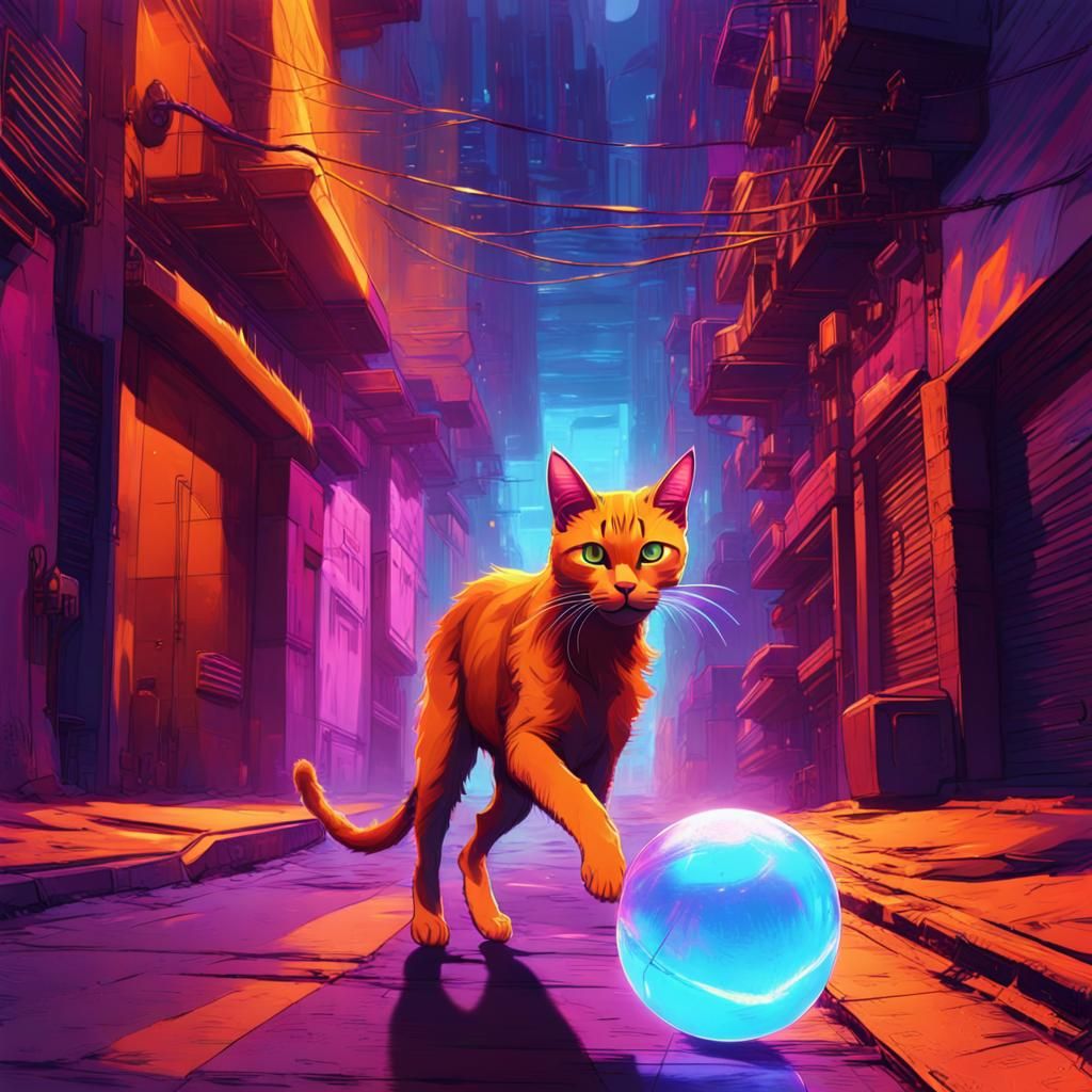 Athletic Cat Pouncing in Sci-Fi Neon Alley