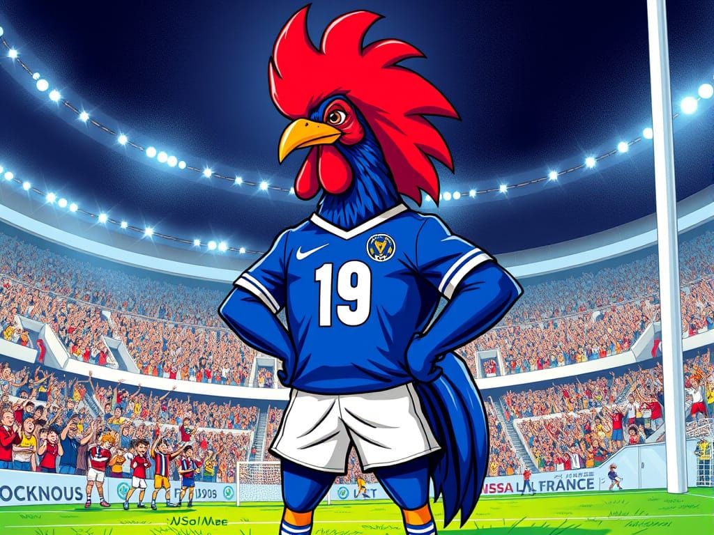 Vibrant Blue Rooster Mascot Cheers at 1998 FIFA World Cup