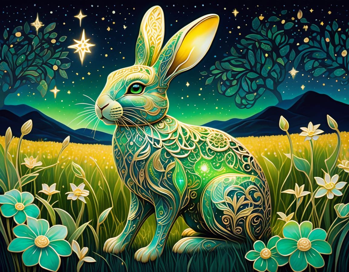 Golden Rabbit with Emerald Eyes in Bioluminescent Field