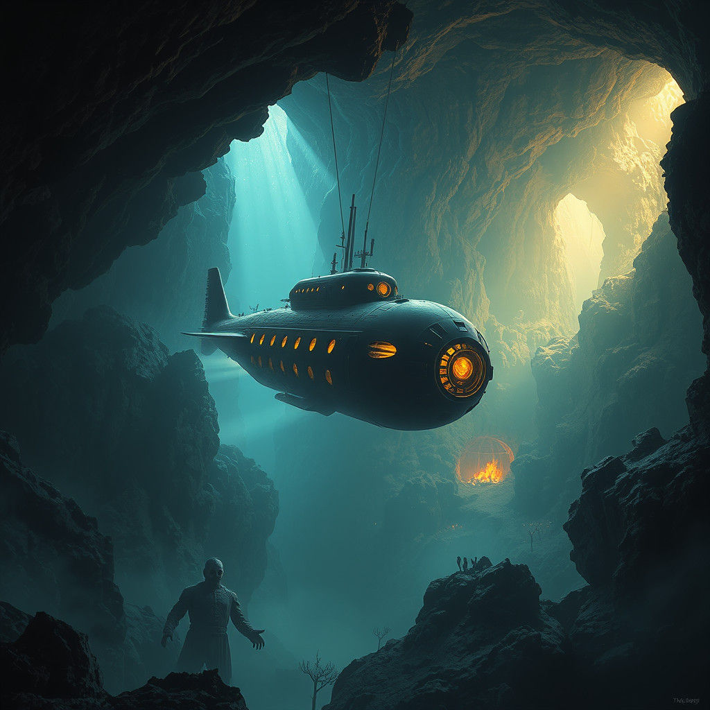 Ghost Submarine Sails Haunted Cave: Digital Matte Painting