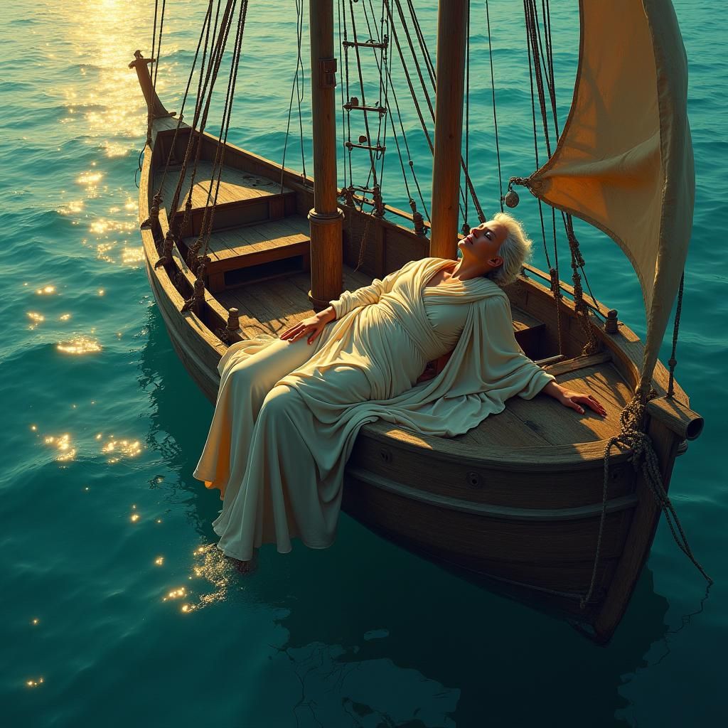 Majestic Woman on Sailboat in Matte Painting Style