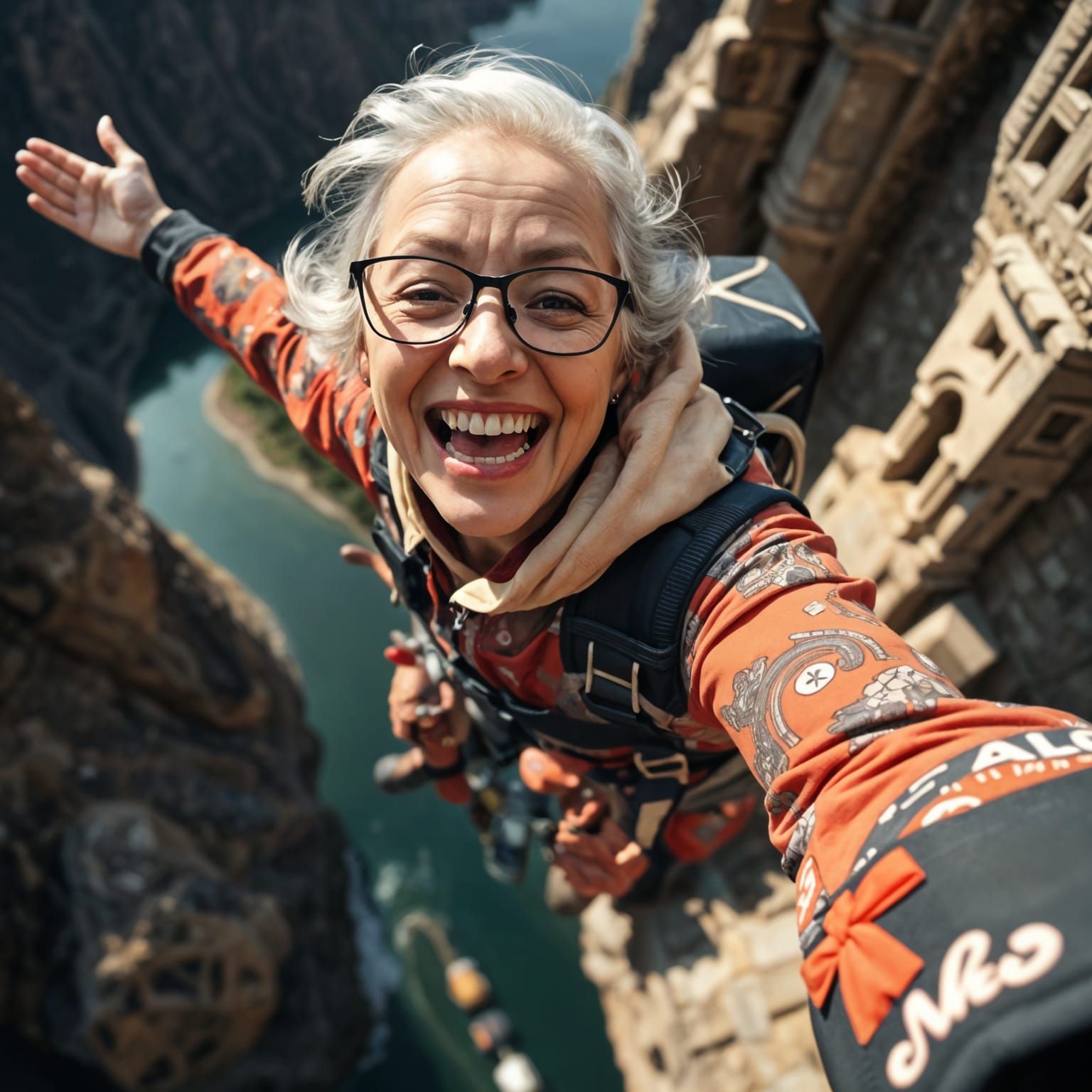 Elderly Woman's Euphoric Base Jump Selfie