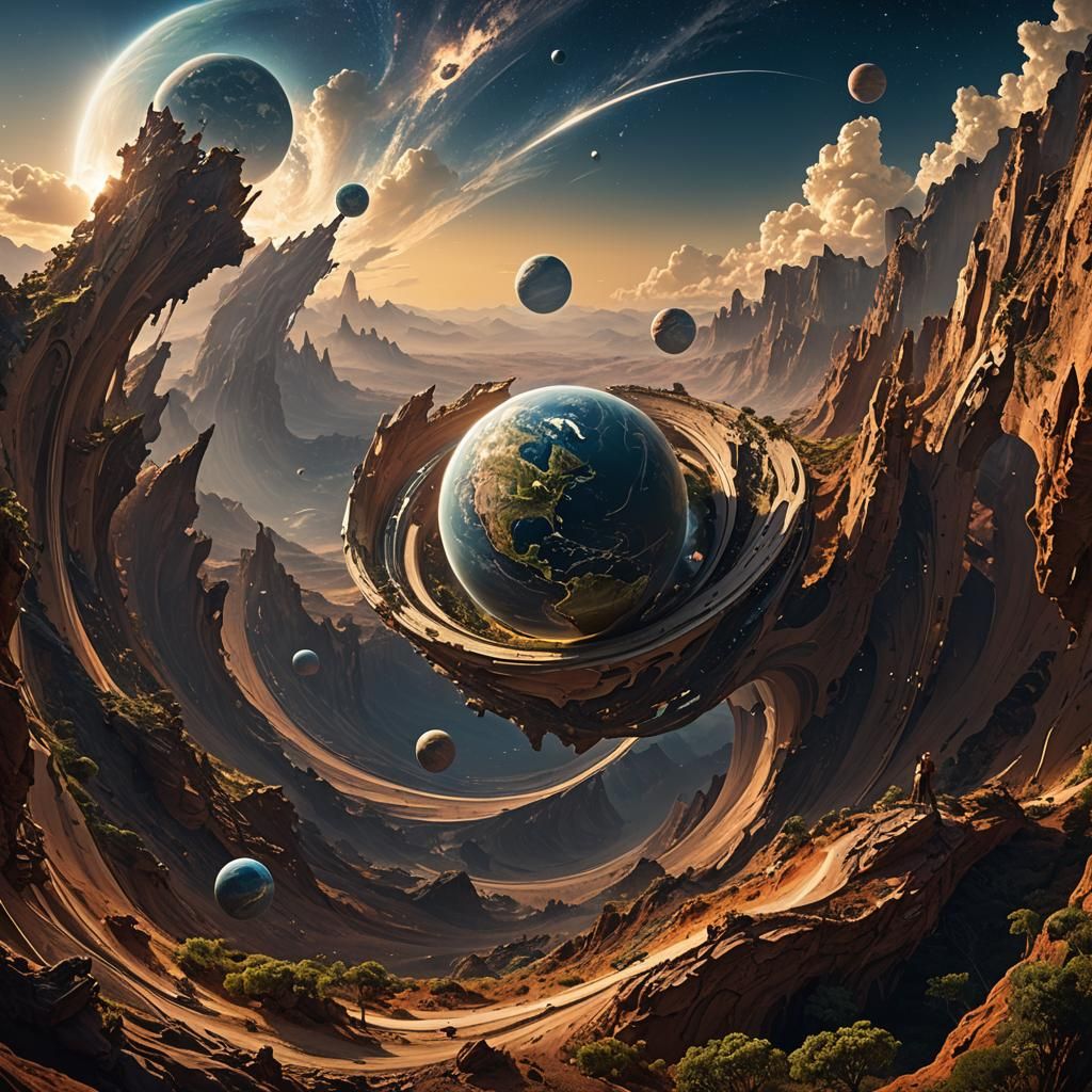 Surreal Artificial Planet Curves Over Sky