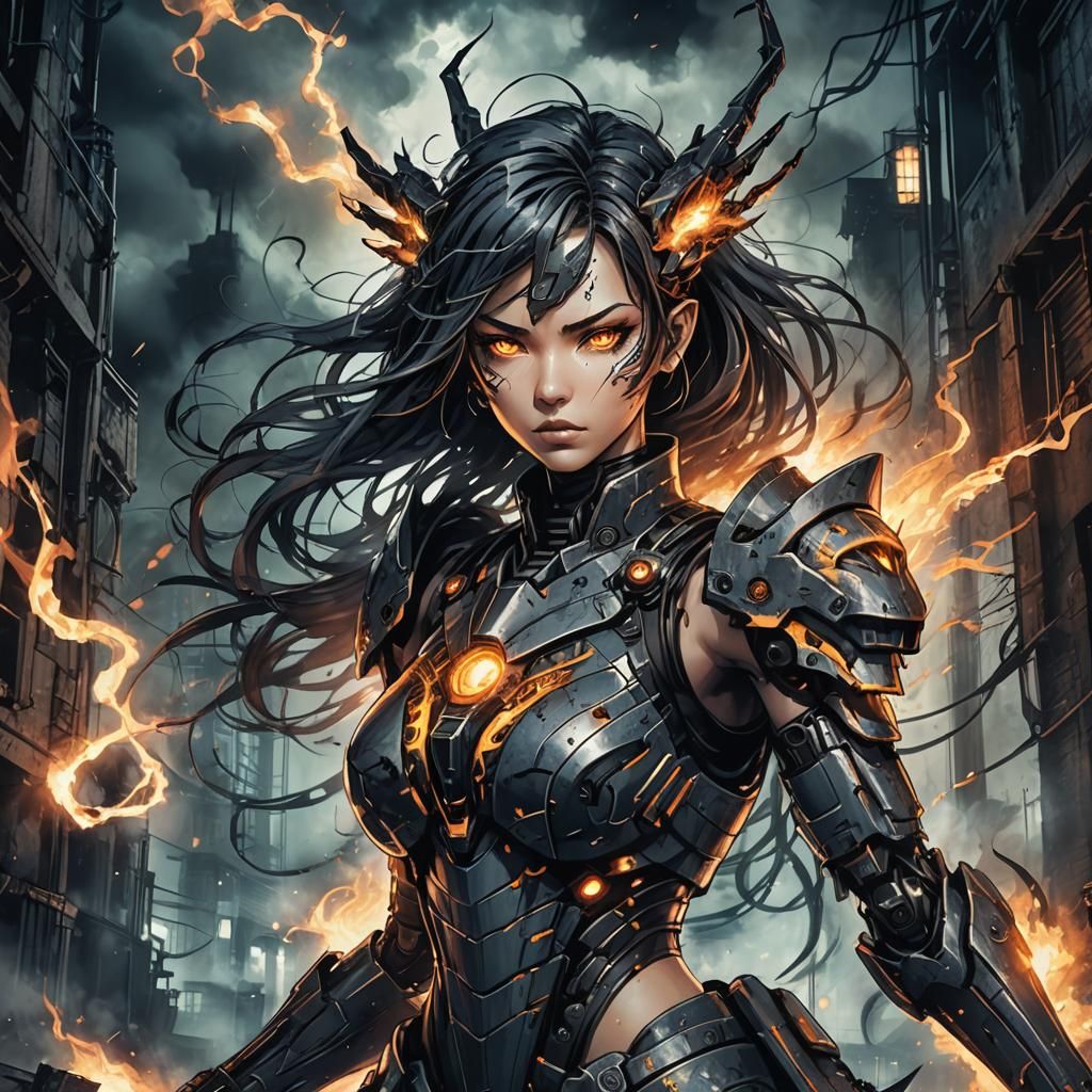Cyberfantasy Warrior Summons Elements in Dark Urban Landscap...
