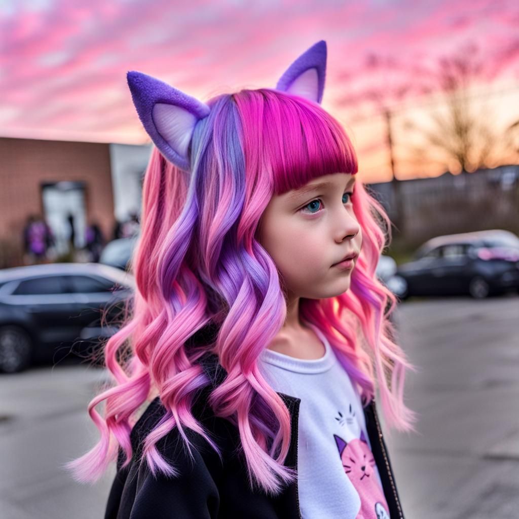 Girl with Pink Ombre Hair, Cat Ears and Tail