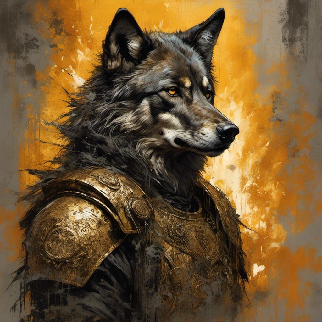 Black Wolf in Gold Armor Amid Radiant Fire