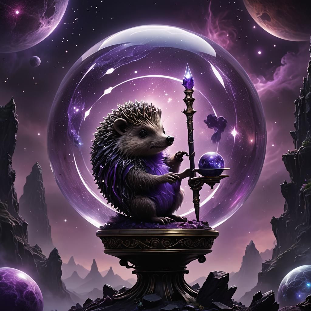 Hedgehog with Magical Staff in Alien Landscape