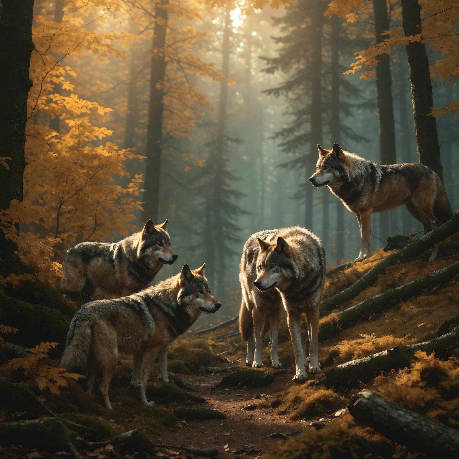 Wolf Family Hunt in Whimsical Dreamscape