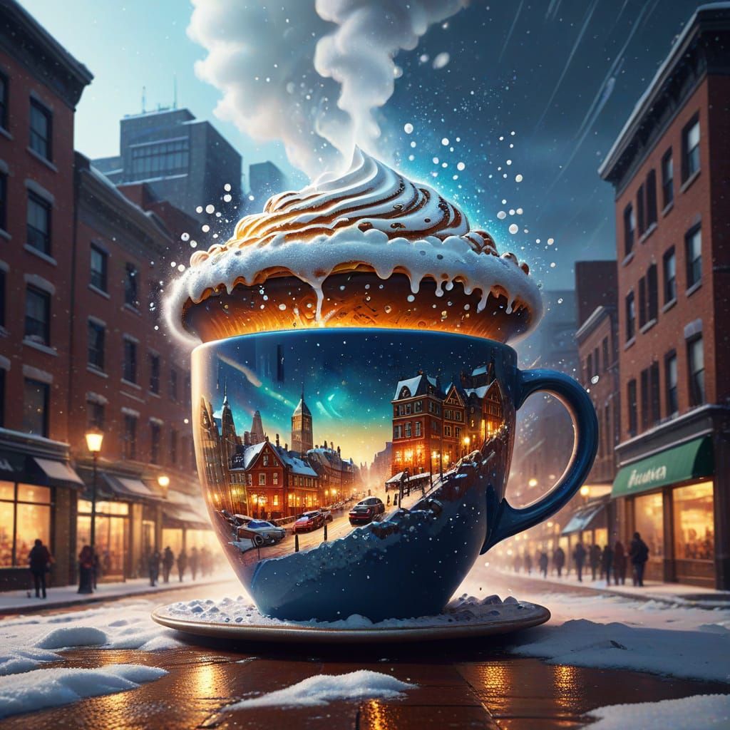 Whimsical Cityscape: Coffee Cup Building in Digital Art
