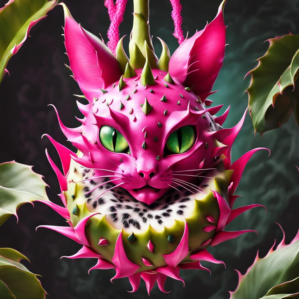 Whimsical Dragon Fruit with Feline Whiskers and Ears