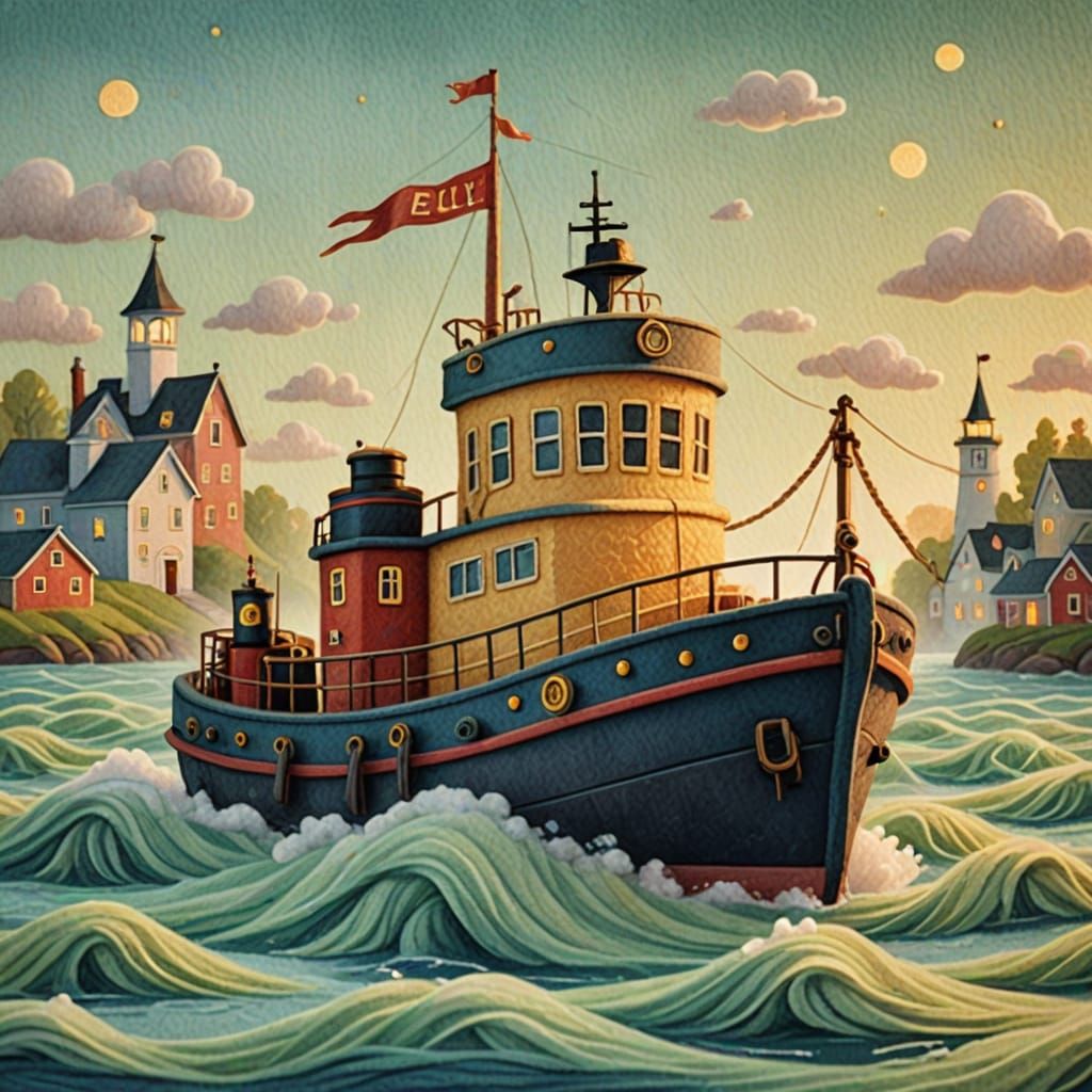 Felt Tugboat Illustration in Naive Art Style