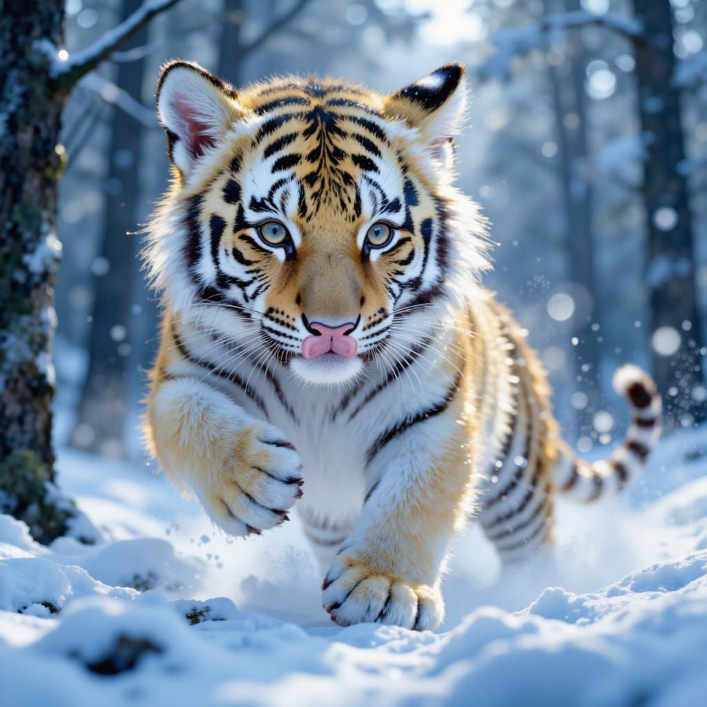 Majestic Snow Tiger Licking Paw in Snowy Forest
