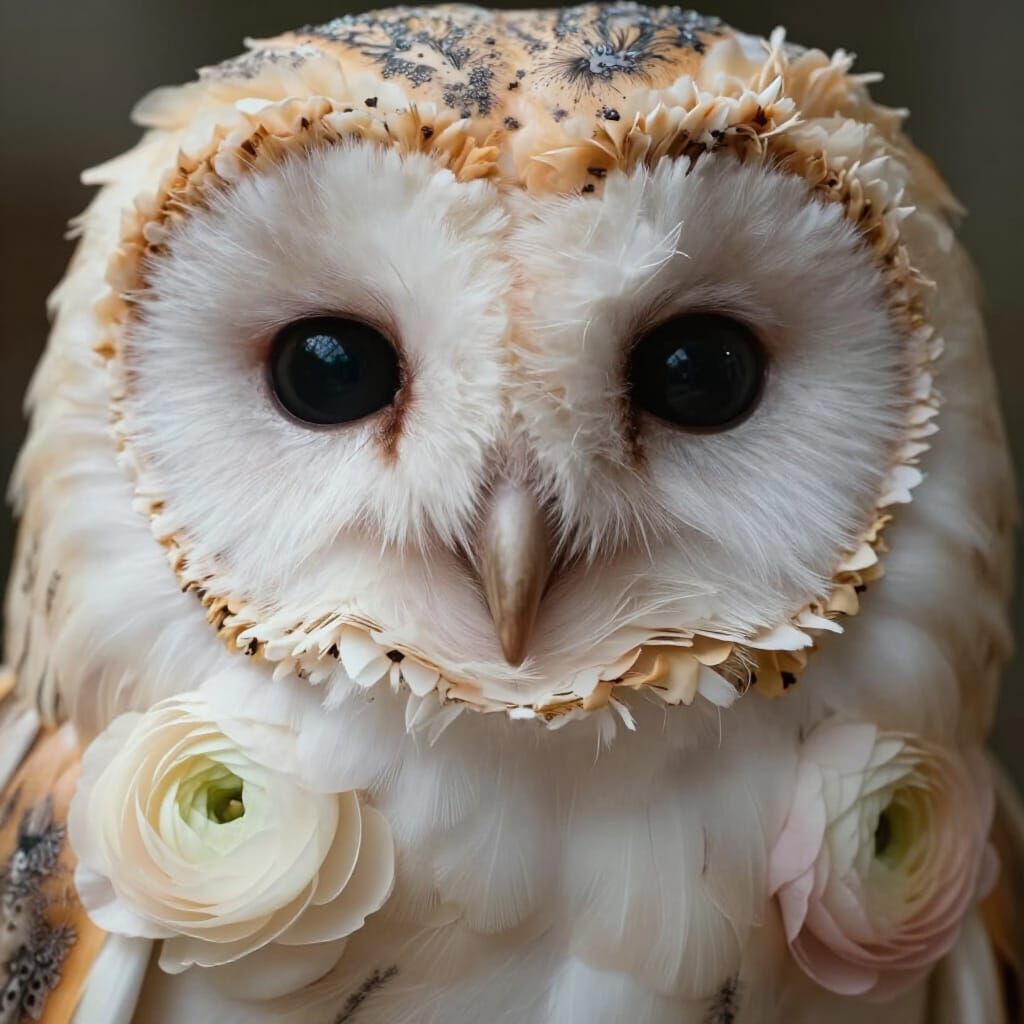 Wise Owl Portrait Made of Peonies and Ranunculus Flowers