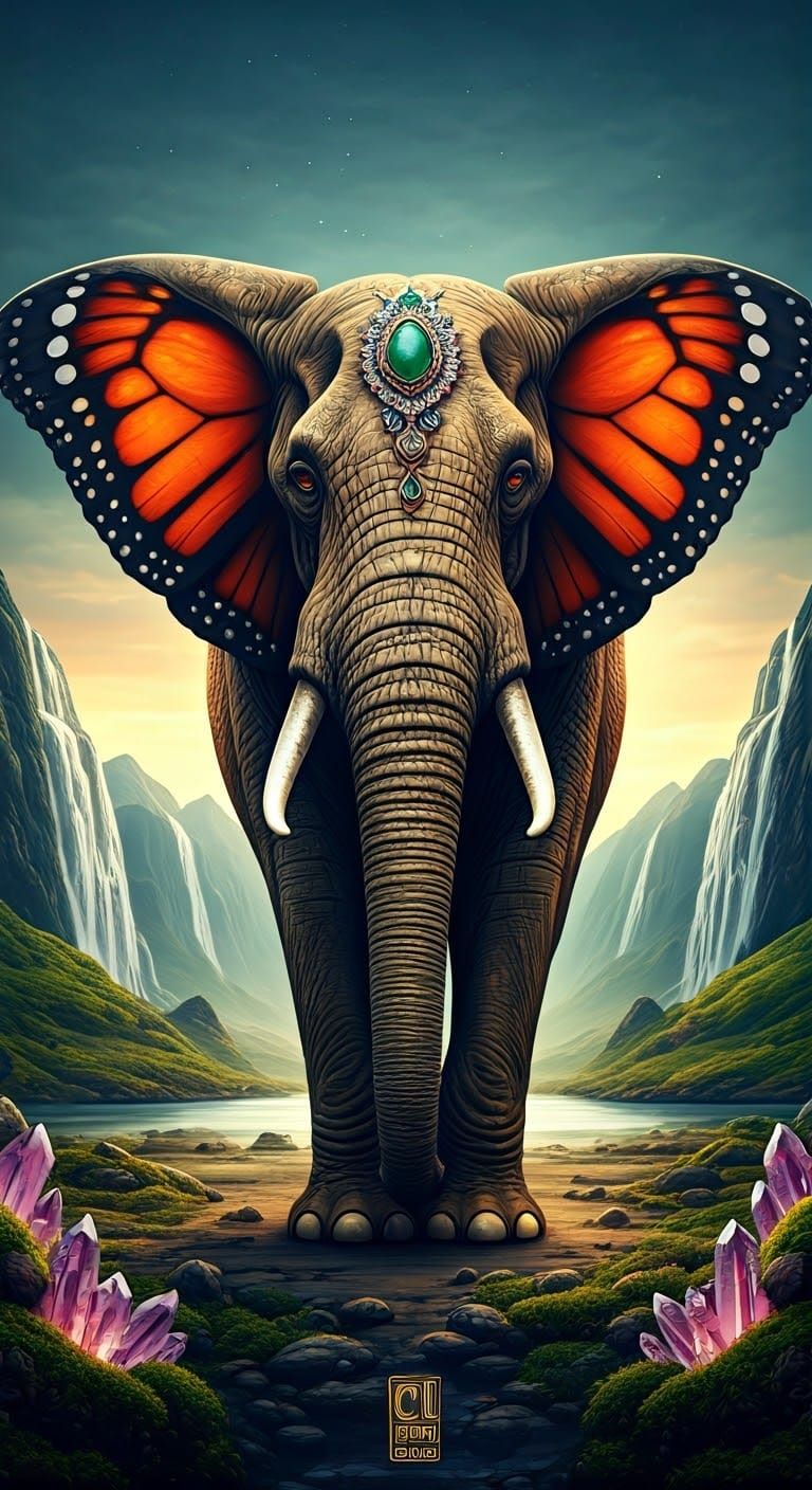 Butterfly Elephant in Serene Mountain Landscape