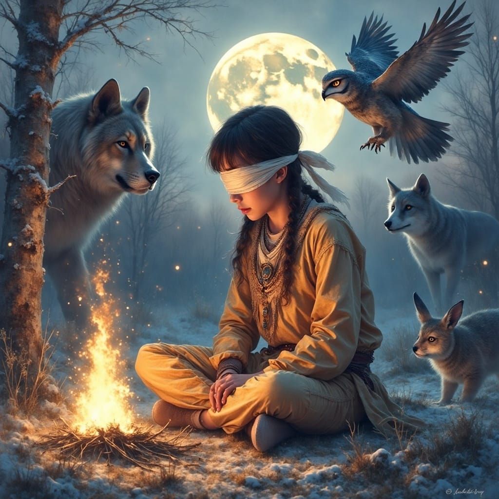 Native American Youth Surrounded by Spirit Animals in a Myst...