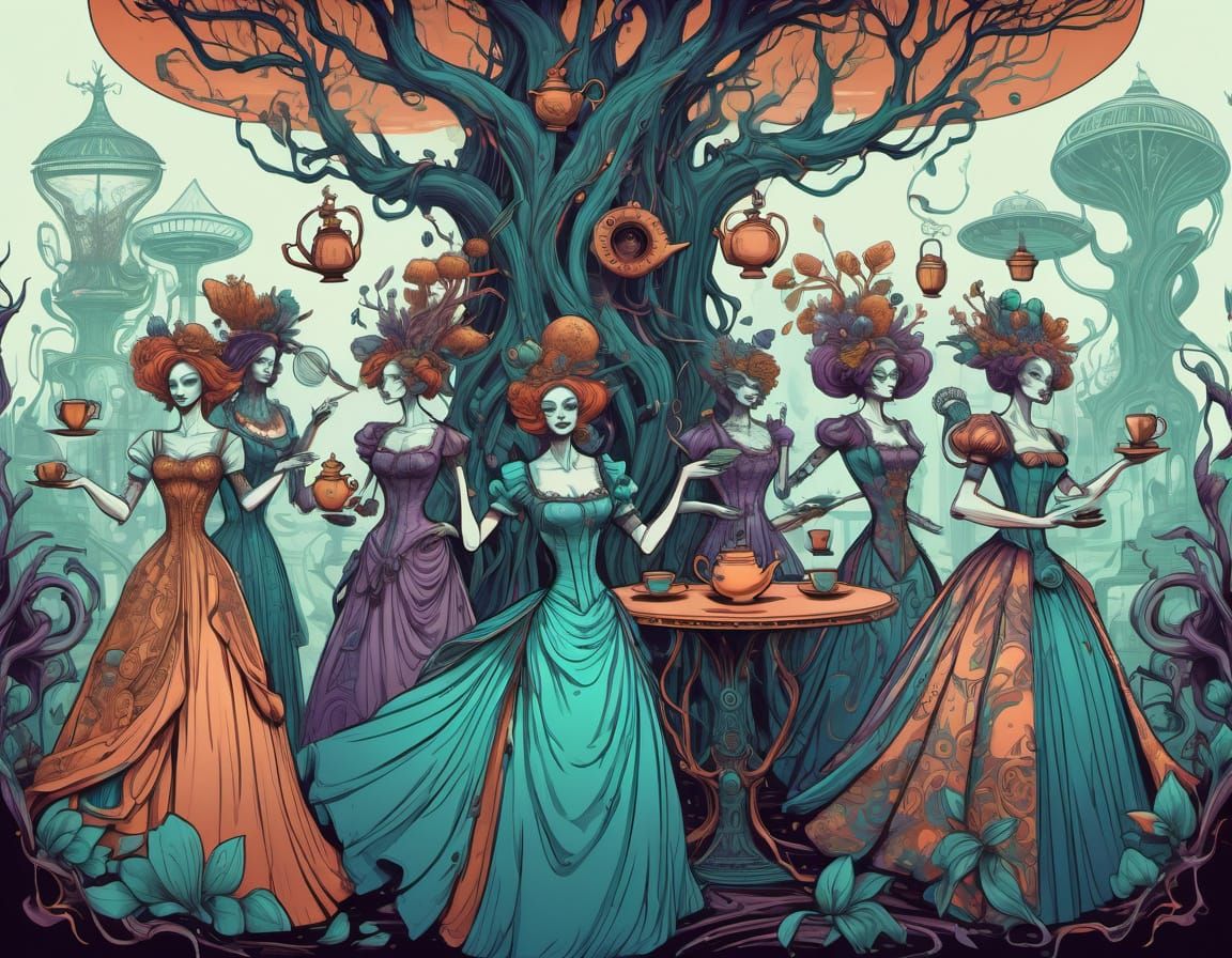 Biopunk Ladies Enjoying Tea Under Weird Bioengineered Trees