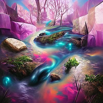 Mystical Stream: Vivid Landscape Painting