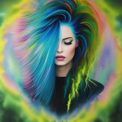 Electric Haired Woman: Watercolor and Pastel Dreamscape