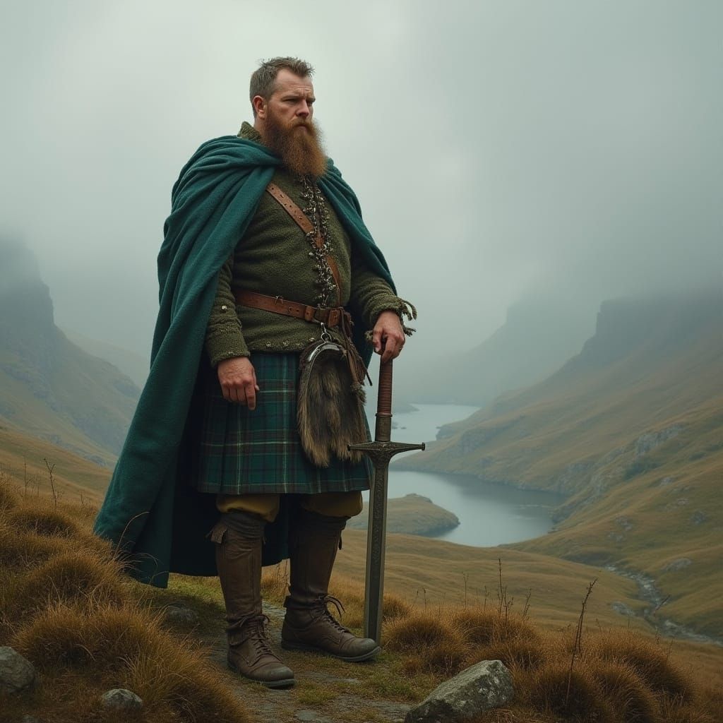Scottish Warrior with Claymore on Misty Moor