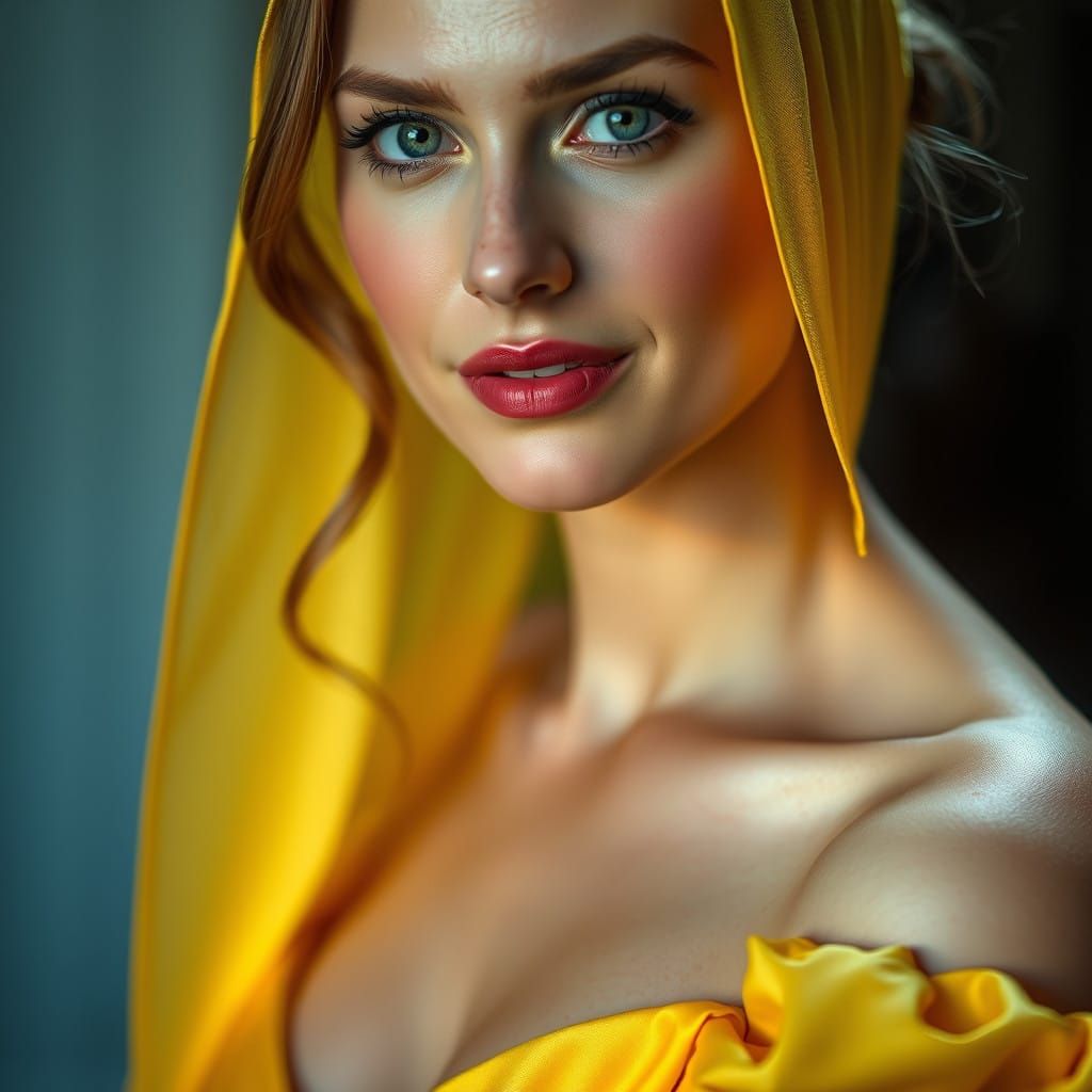 Elegant Belle Portrait in Low-Cut Yellow Gown, Realistic 3D...