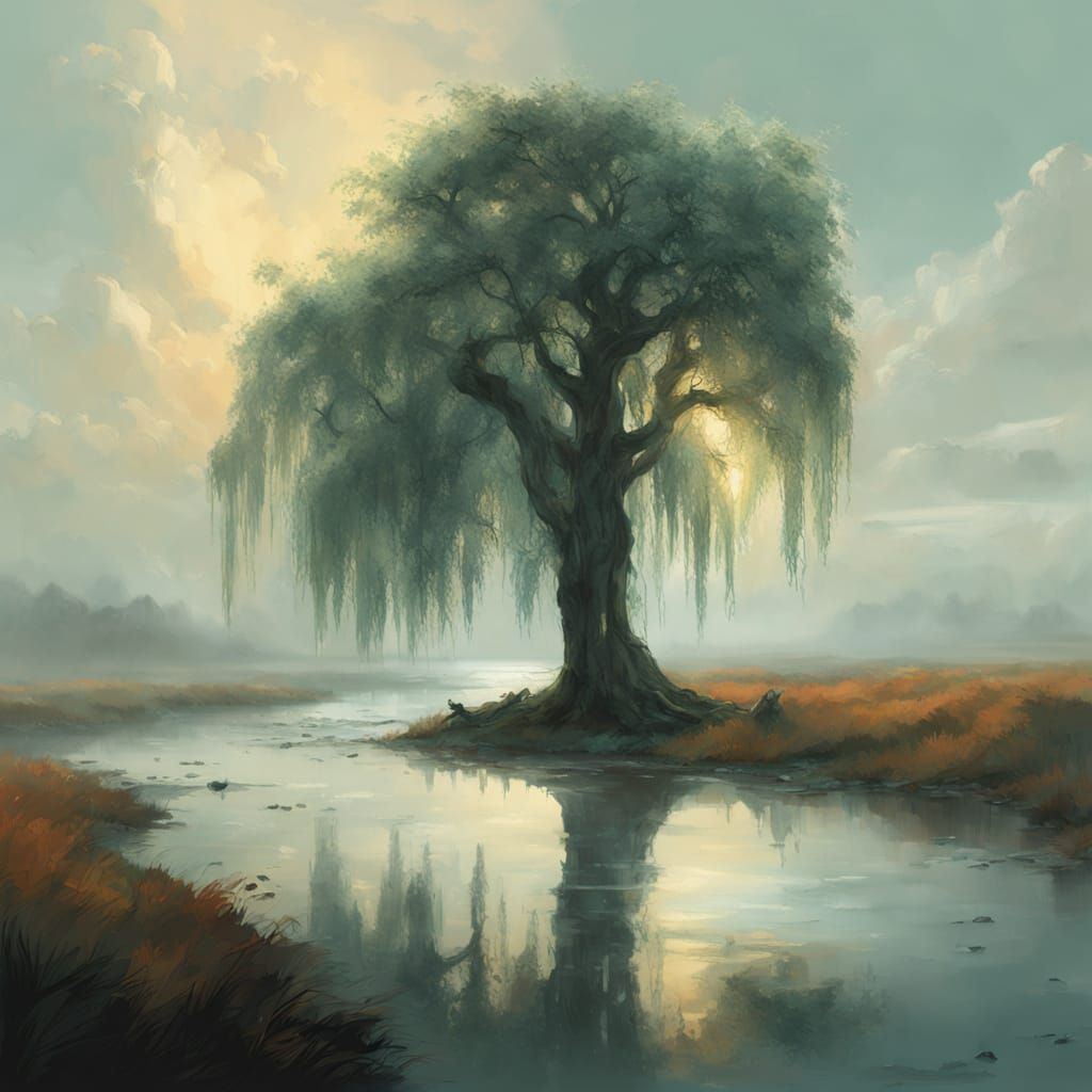 Misty Moor Willow Tree in Ethereal Light