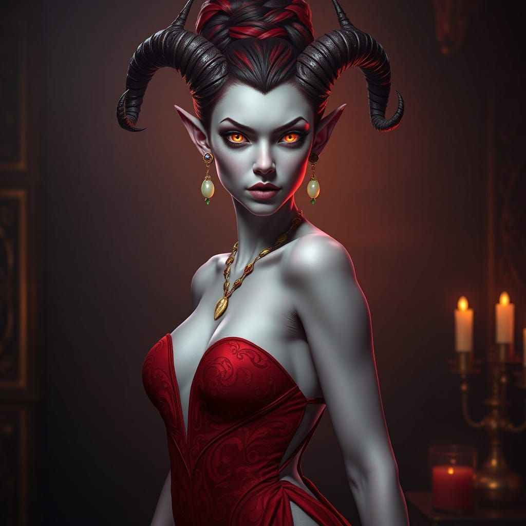 Dark Fantasy Tiefling Goddess in Lavender Hues