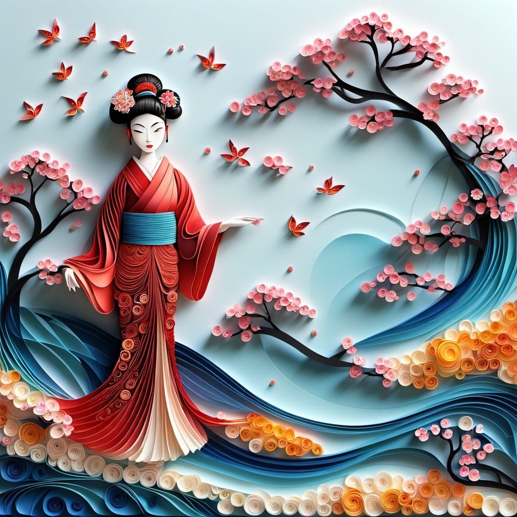 Paper Quilled Geisha in Zen Garden