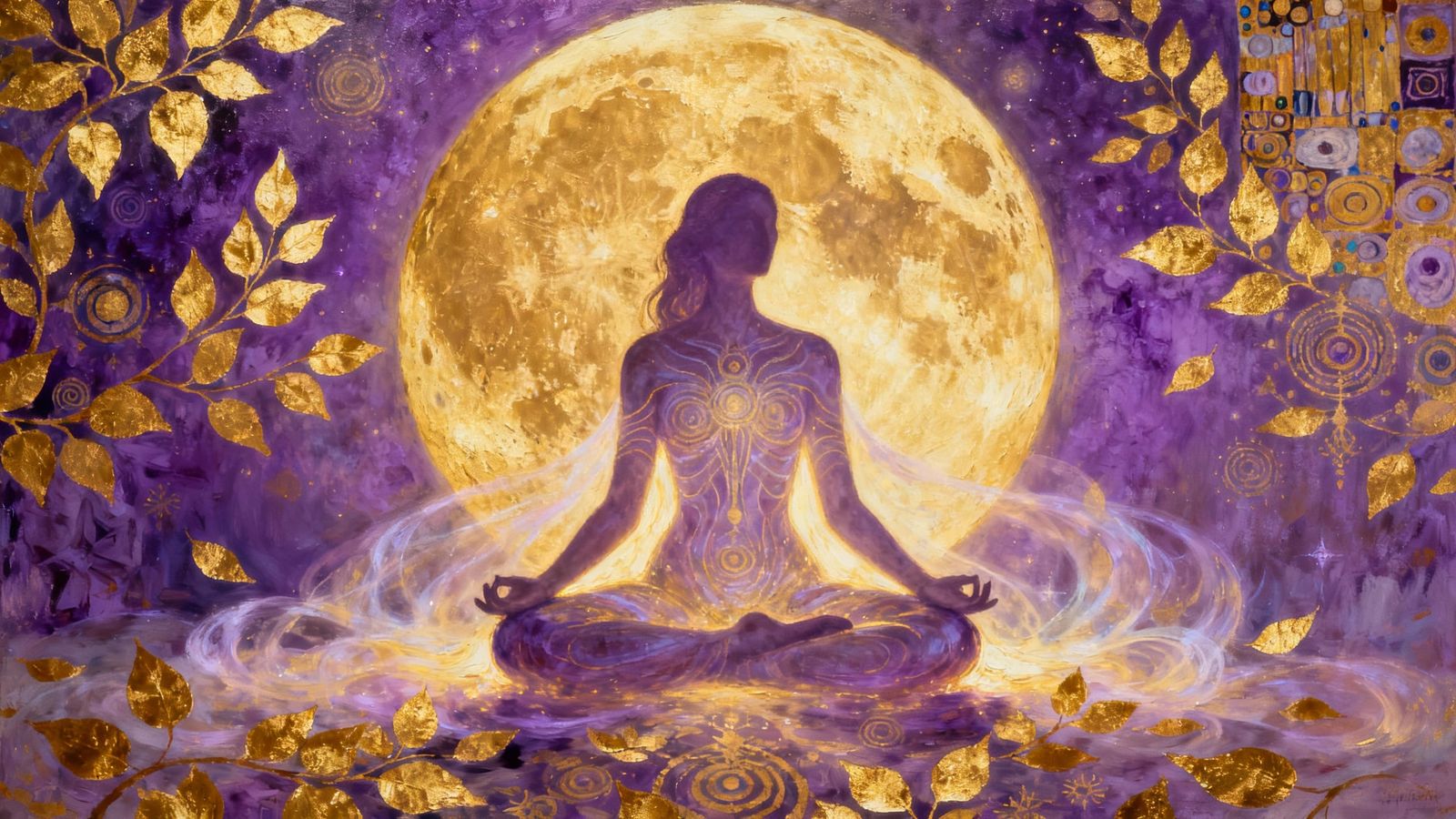 Woman Meditating Under Golden Celestial Moon, Klimt & Grey S...