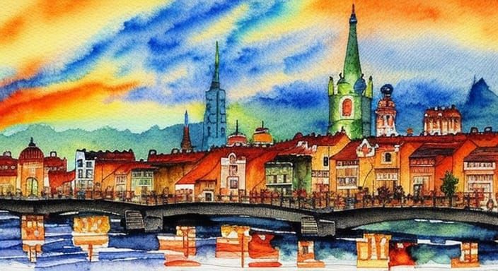 Incandescent Evening Cityscape in Watercolor
