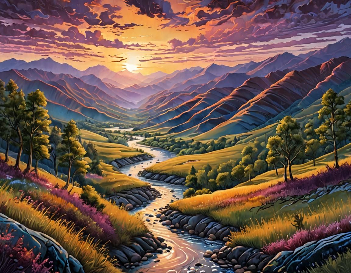 Acrylic Landscape Painting: Sunset Over Rolling Hills